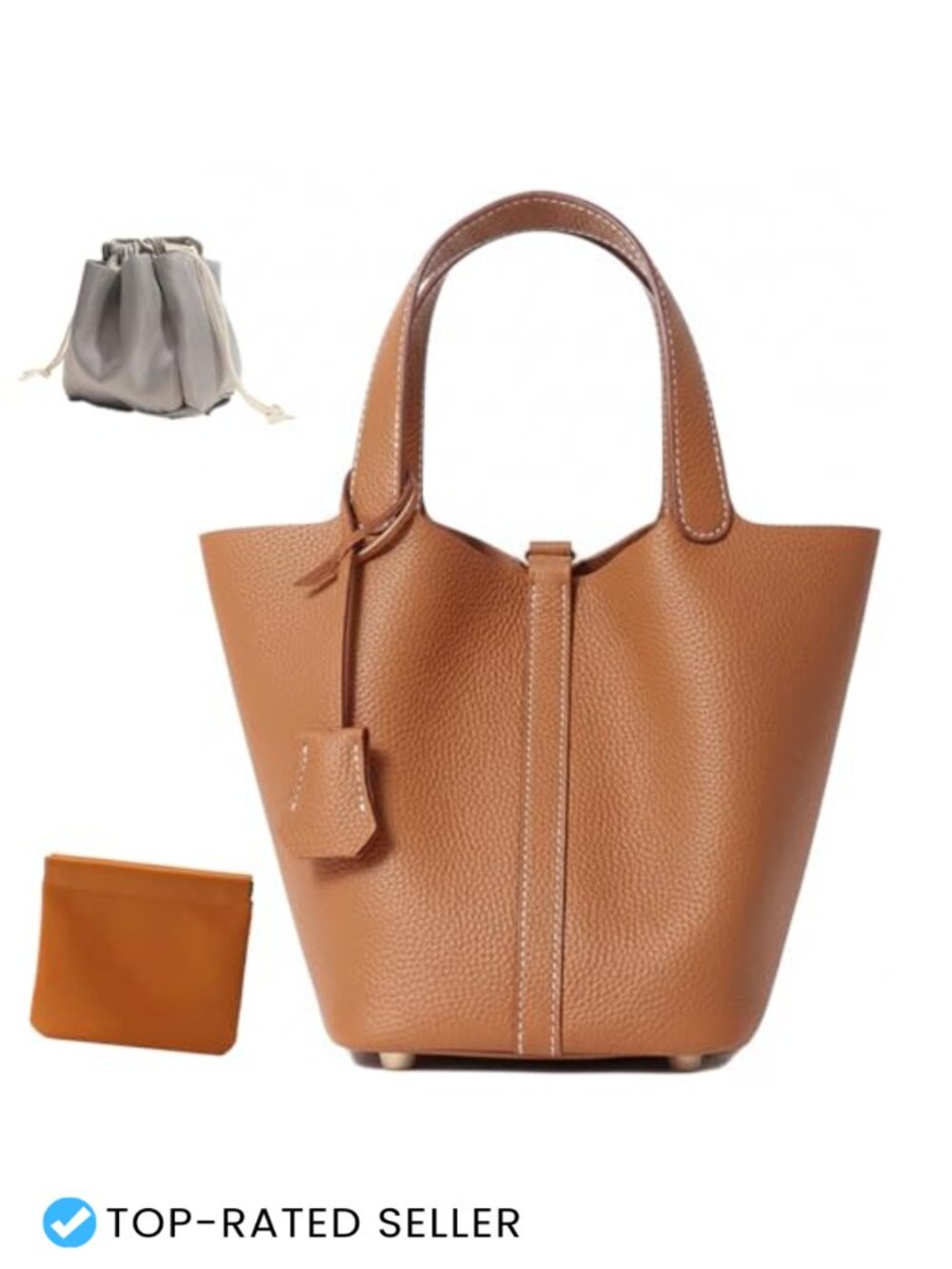 Genuine Leather Bucket Bag Top-Handle Satchel Handbag with Lock